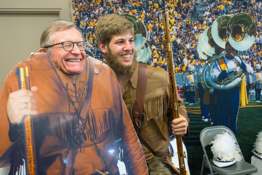 President Gee in Mountaineer mascot cut-out